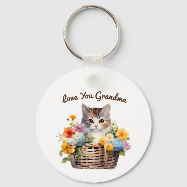 Cute Kitten in Basket of Flowers Key Ring (Front)