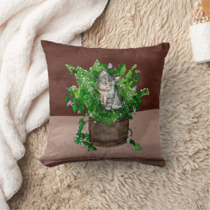 Cute Kitten in Catnip Antique Pot Cushion