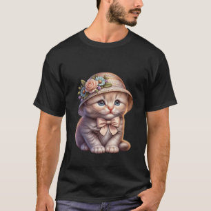 Cute Kitten in Floral Straw Hat & Bow ✨🐾👒 T-Shirt