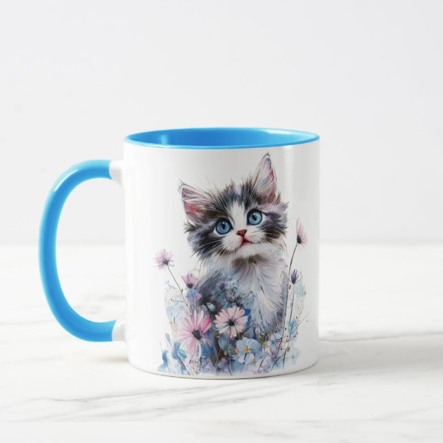 Cute Kitten in Flowers Painted Mug (Left)
