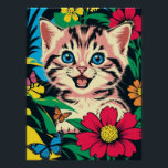 Cute Kitten in Pop Art Painting Style Poster<br><div class="desc">A cute Kitten with blue eyes plays in nature with flowers and butterflies in Pop Art Painting Style.</div>