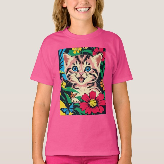 Cute Kitten in Pop Art Painting Style T-Shirt (Front)