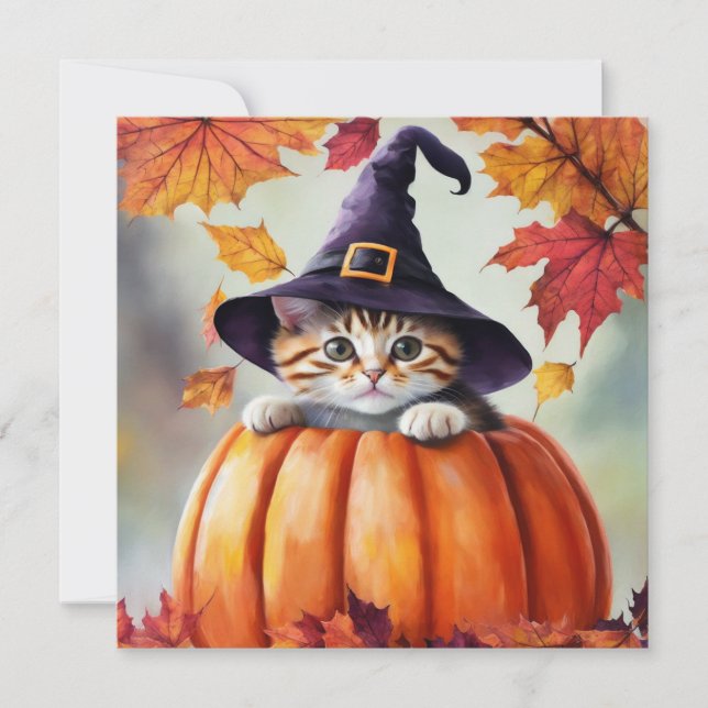 Cute Kitten In Pumpkin Wearing Purple Witch Hat Invitation (Front)