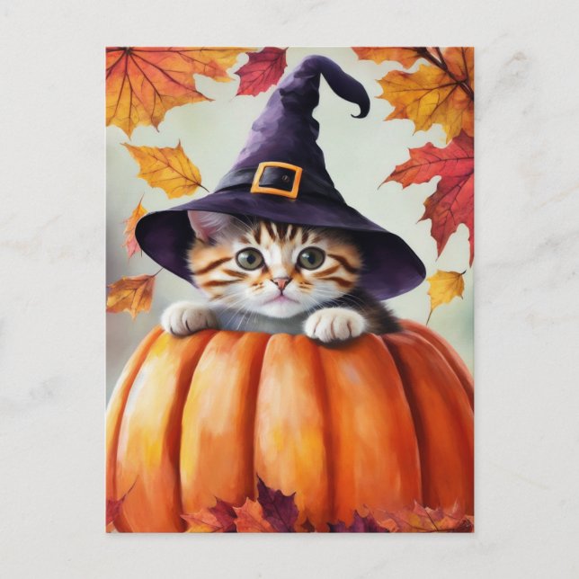 Cute Kitten In Pumpkin Wearing Purple Witch Hat Postcard (Front)