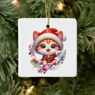 Cute Kitten in Santa Costume Christmas Ceramic Ornament
