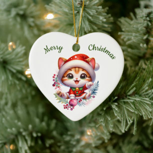 Cute Kitten in Santa Costume Christmas Ceramic Tree Decoration