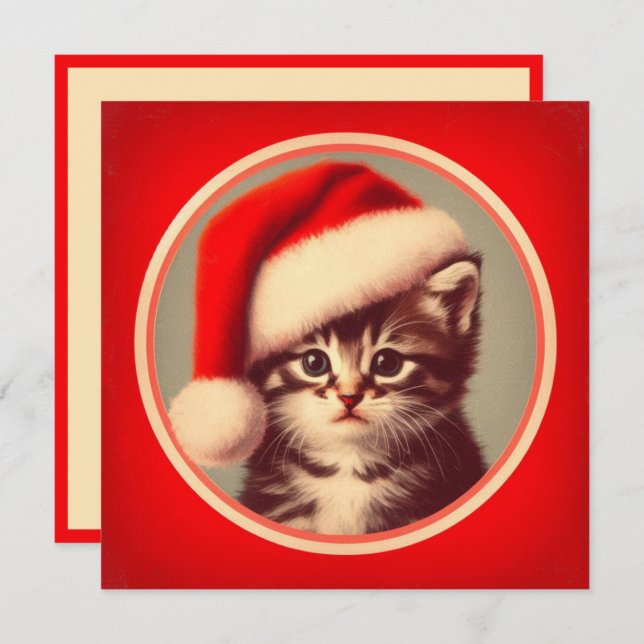 Cute Kitten in Santa Hat Red Retro Holiday Card (Front/Back)