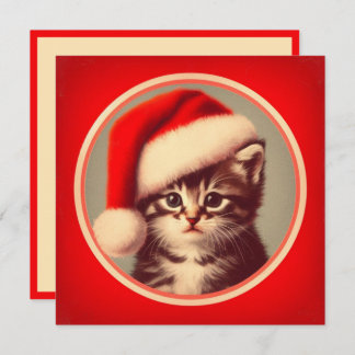 Cute Kitten in Santa Hat Red Retro Holiday Card