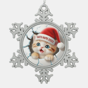 Cute Kitten in Santa's Hat for Christmas Snowflake Pewter Christmas Ornament