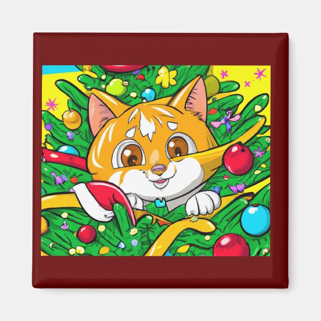 Cute kitten in the Christmas tree fun Magnet (Front)