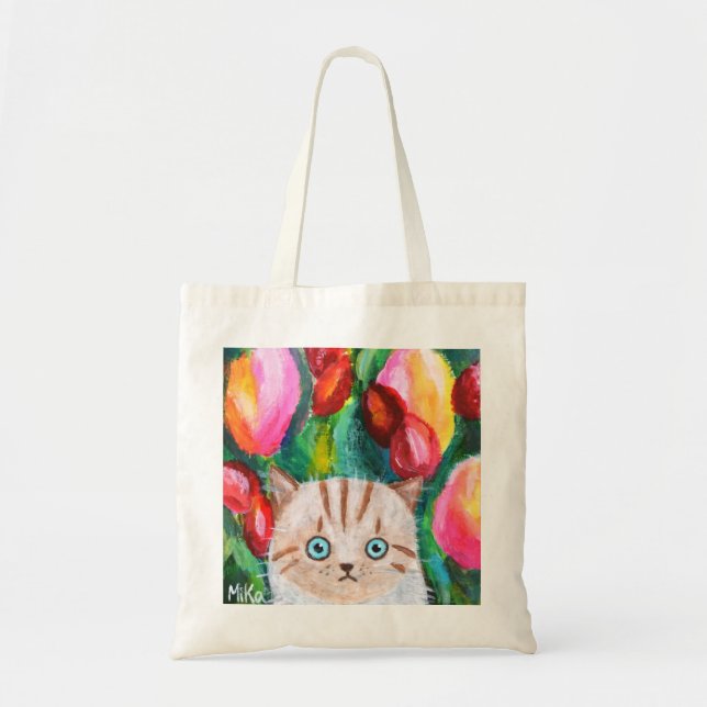 Cute Kitten in Tulip Garden Adorable Cat Art Tote Bag (Front)
