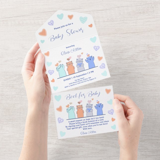 Cute Kitten Kitty Cats Hearts Baby Shower  All In One Invitation (Tearaway)