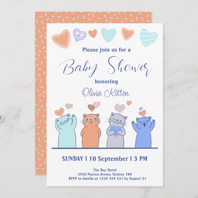 Cute Kitten Kitty Cats Hearts Baby Shower Invitation (Front/Back)