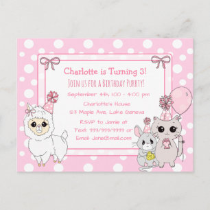 Cute Kitten, Llama and Mouse Girl's Birthday Postcard