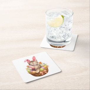 Cute Kitten Lovers Happy Easter Cat Square Paper Coaster