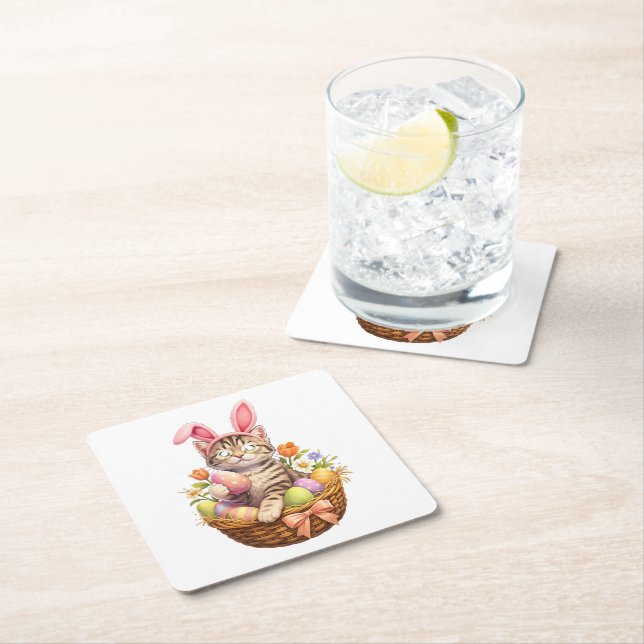 Cute Kitten Lovers Happy Easter Cat Square Paper Coaster (Insitu)