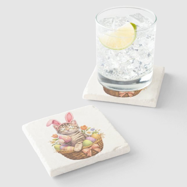 Cute Kitten Lovers Happy Easter Cat Stone Coaster (Side)