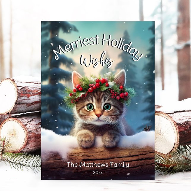 Cute Kitten Merriest Christmas Snowing Woodland Holiday Card (Adorable Winter Snowy Scene With Peeking Dogs or Farm/Woodland Animals - Over 50 to Choose From!)