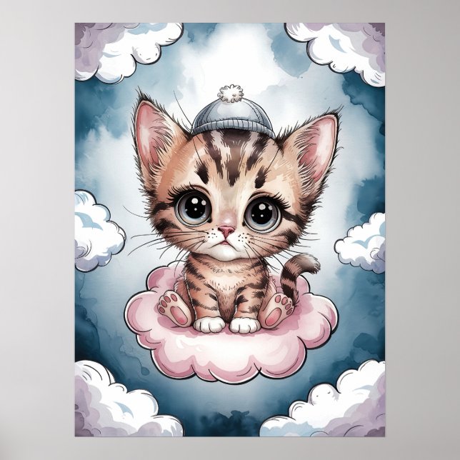 Cute Kitten on a Cloud - Adorable Watercolor  Poster (Front)