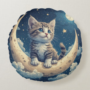 Cute Kitten on a Crescent Moon With Stars Round Cushion