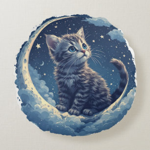 Cute Kitten on a Crescent Moon With Stars Round Cushion