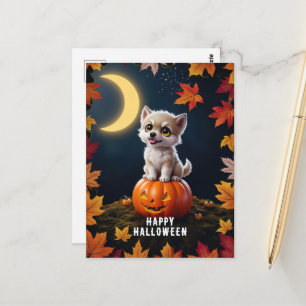 Cute Kitten on a Pumpkin with Fall Leaves Postcard
