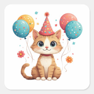 Cute Kitten Party Hat And Balloons Birthday Fun 🎈 Square Sticker