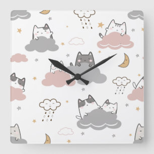 Cute Kitten Pattern White Square Wall Clock