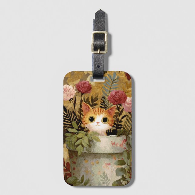 Cute Kitten Peeking From a Pot Luggage Tag (Front Vertical)