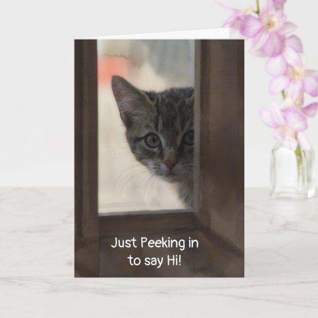 Cute Kitten Peeking In Window Thinking of You Card (Orchid)