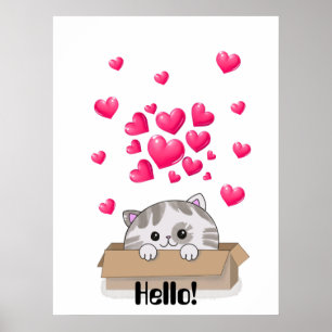 Cute kitten peeking out of a box poster
