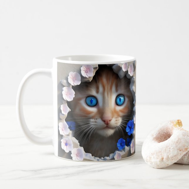 Cute Kitten Peeking Through a Hole in the Wall Coffee Mug (With Donut)