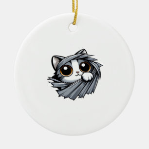 Cute Kitten Peeking Through Torn Cloth Ceramic Tree Decoration