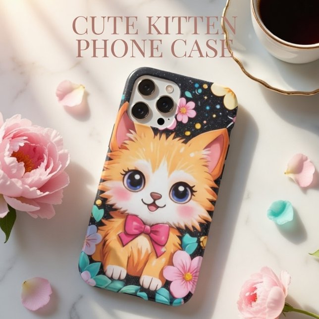Cute Kitten Pink Bow Floral Black Sparkle Art (Creator Uploaded)