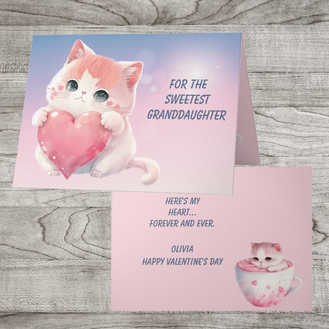 Cute Kitten Pink Heart Granddaughter Valentine Holiday Card (Creator Uploaded)