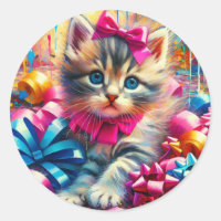Cute Kitten Playing in Birthday Bows 