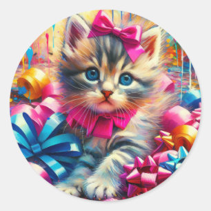 Cute Kitten Playing in Birthday Bows  Classic Round Sticker