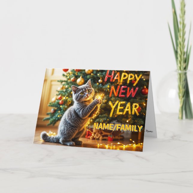 Cute Kitten Playing With Fairy Lights  Holiday Card (Front)