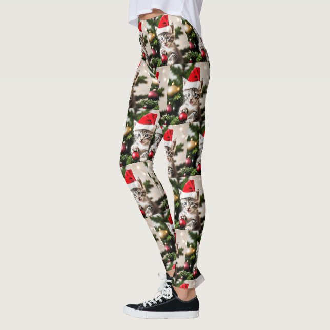 Cute Kitten playing with the Christmas Tree Cat Leggings (Left)