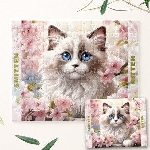 Cute Kitten Ragdoll Cat Spring Floral Custom Name Jigsaw Puzzle