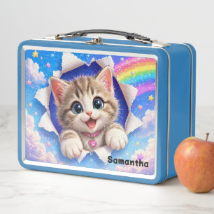 Cute Kitten Rainbow Cat Breaking Through Metal Lunch Box
