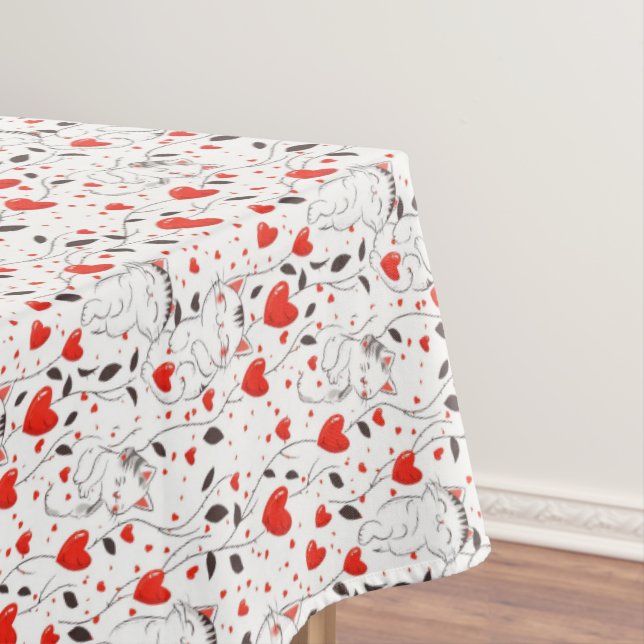 Cute Kitten Red Hearts Valentine's Day Tablecloth (In Situ)