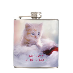 Cute Kitten Resting On a Santa Hat Meowy Christmas Hip Flask