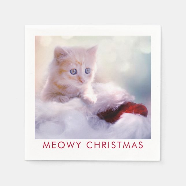 Cute Kitten Resting On a Santa Hat Meowy Christmas Napkin (Front)