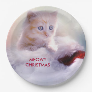 Cute Kitten Resting On a Santa Hat Meowy Christmas Paper Plate
