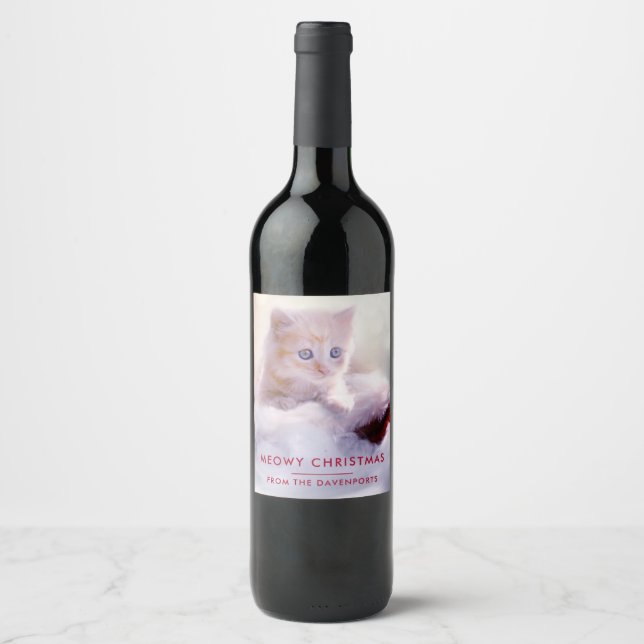 Cute Kitten Resting On a Santa Hat Meowy Christmas Wine Label (Front)