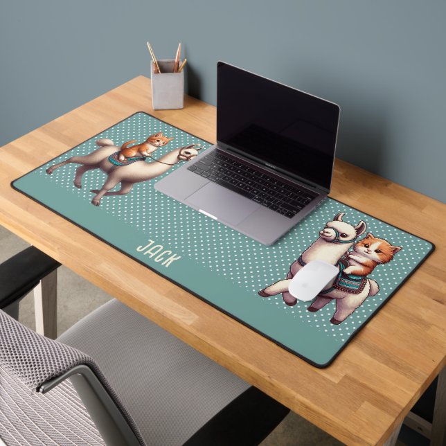 Cute Kitten Riding Fluffy Llama Personalised Name Desk Mat (Office 2)