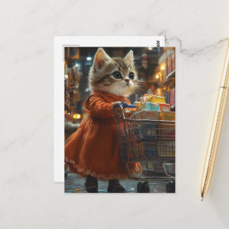 Cute Kitten Shopping For Groceries Postcard