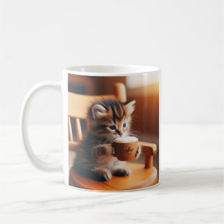 Cute kitten sitting on a chair drinking a coffee. coffee mug