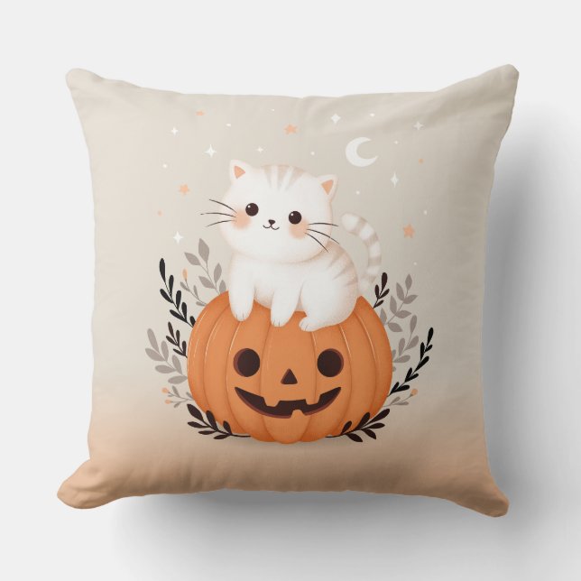 Cute Kitten Sitting On Pumpkin Modern Halloween  Cushion (Front)